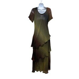 Vintage Nikky Polyester Georgette Green Brown Maxi Dress Size S
